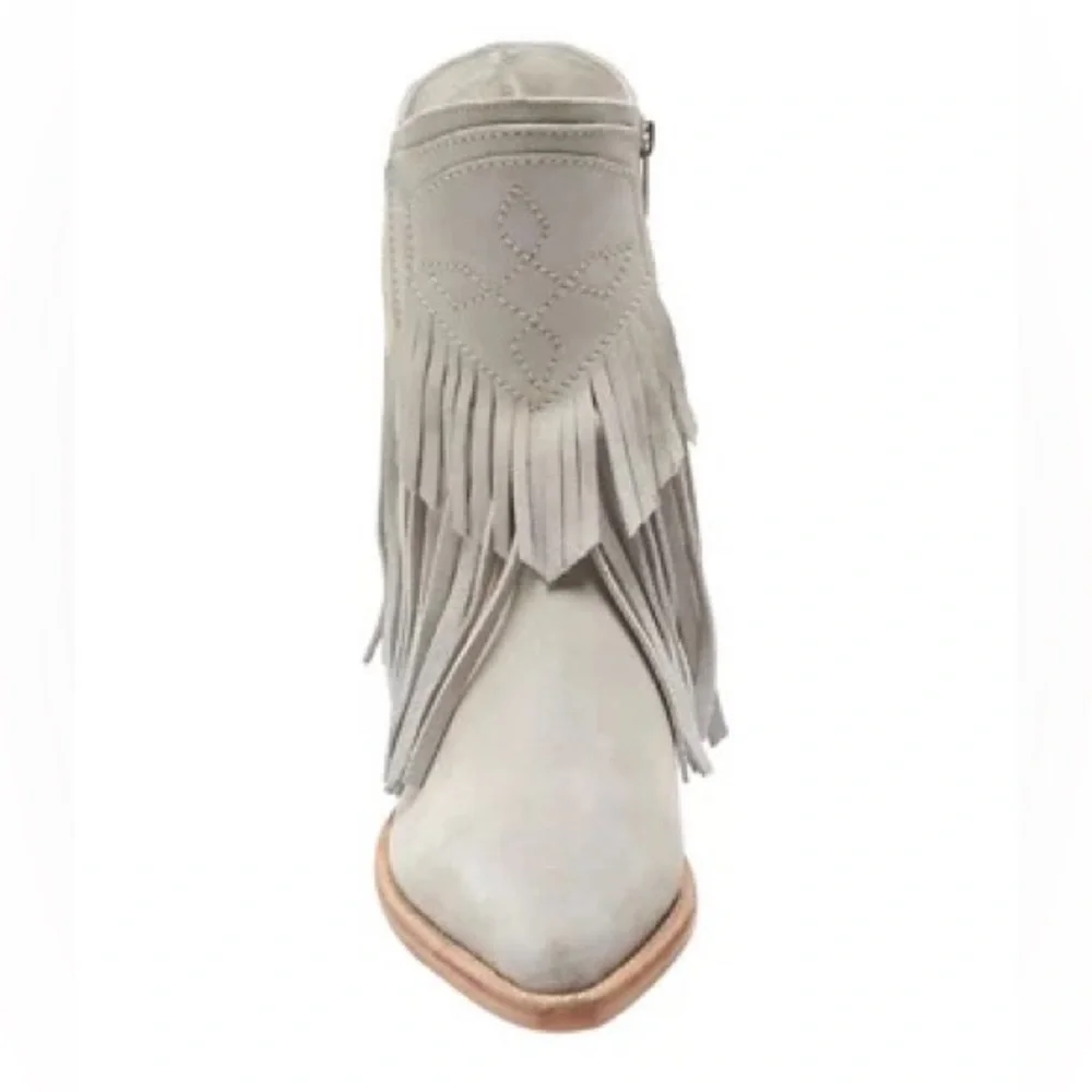 FREE PEOPLE Lawless Fringe Faux Suede Pointy Toe Western Booties Boots Taupe 7 - Picture 5 of 7